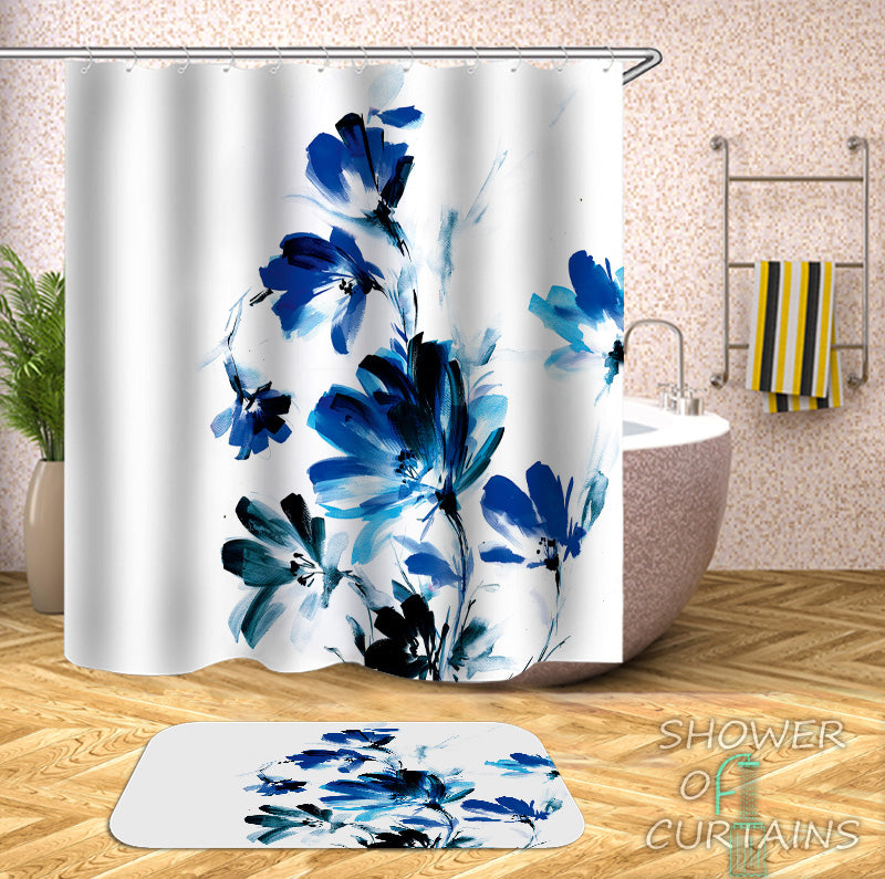 Shower Curtain of Blue Shades Flowers Painting