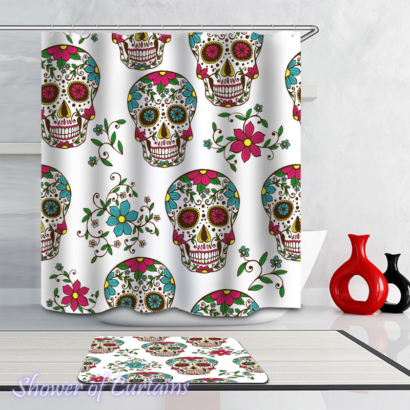Shower Curtain of Colorful Blooming Skulls