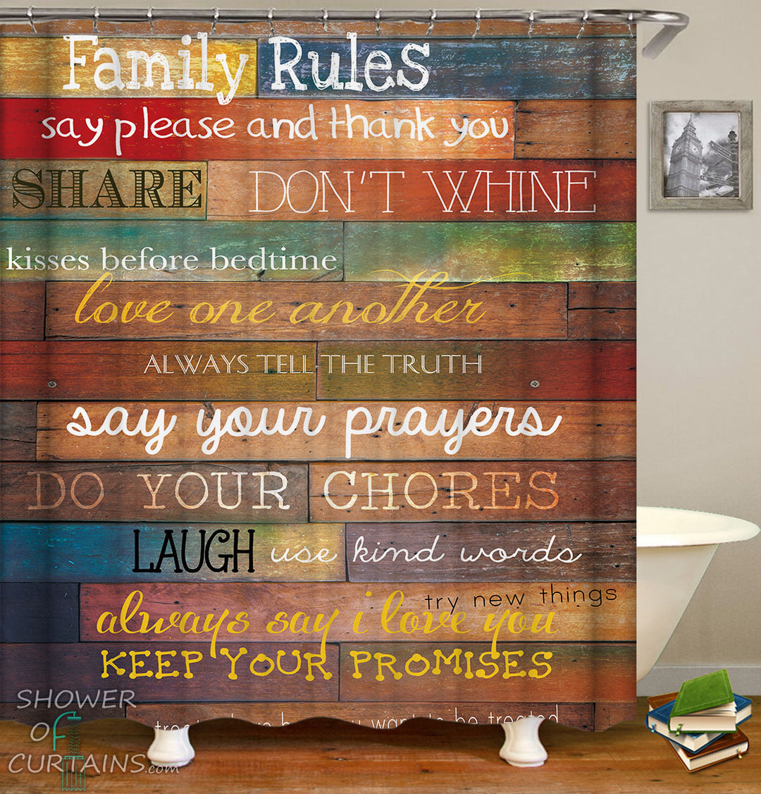Shower Curtain of Family Rules Wooden Deck