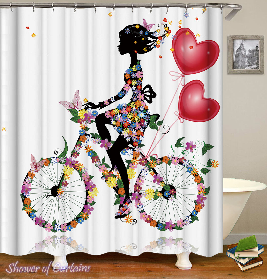 Shower Curtain of Flower Girl Riding A Bicycle