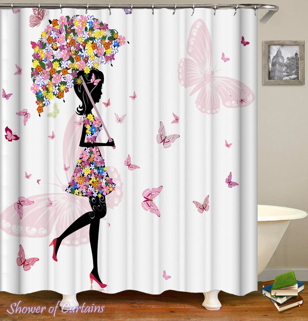 Shower Curtain of Flowery Black White Girl