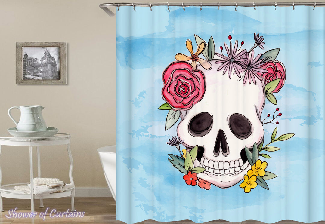 Flowery Skull Drawing Shower Curtain Print