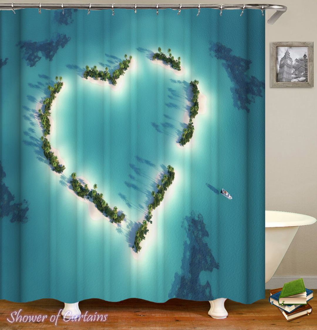 Shower Curtain of Heart Shape Ocean's Sky View