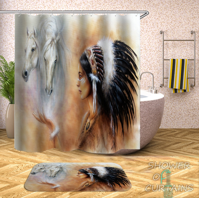 Shower Curtain of Native American Girl And Horses