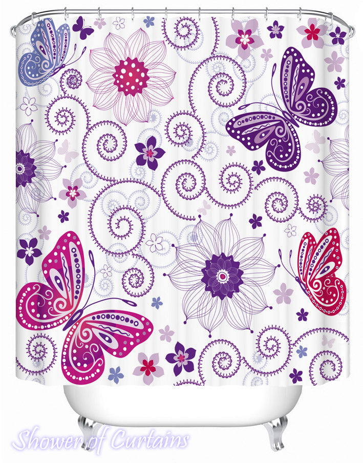 Shower Curtain of Purplish Butterflies and Flowers 