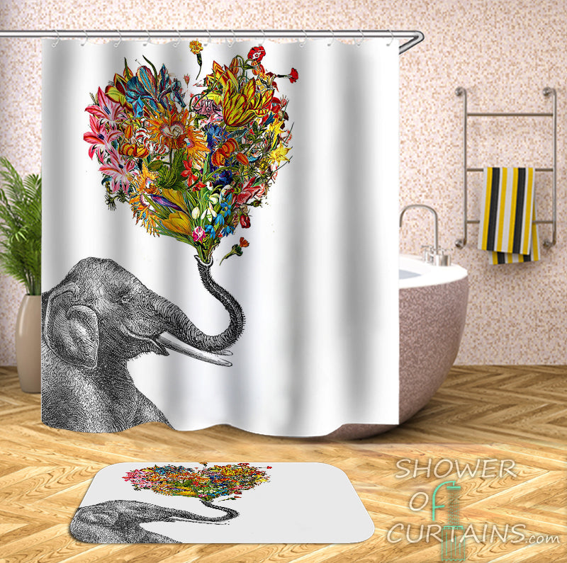 Shower Curtain of Smiling Elephant Holding A Floral Heart