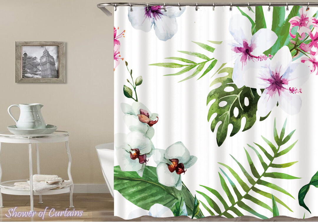 Shower Curtain of Spring White Flowers Drawing