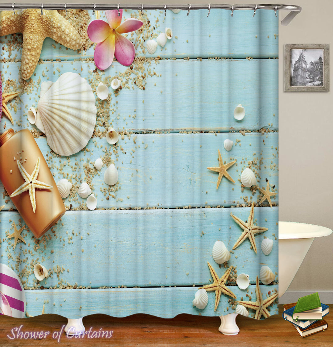 Shower Curtain of Starfish and Shells On A Blue Deck
