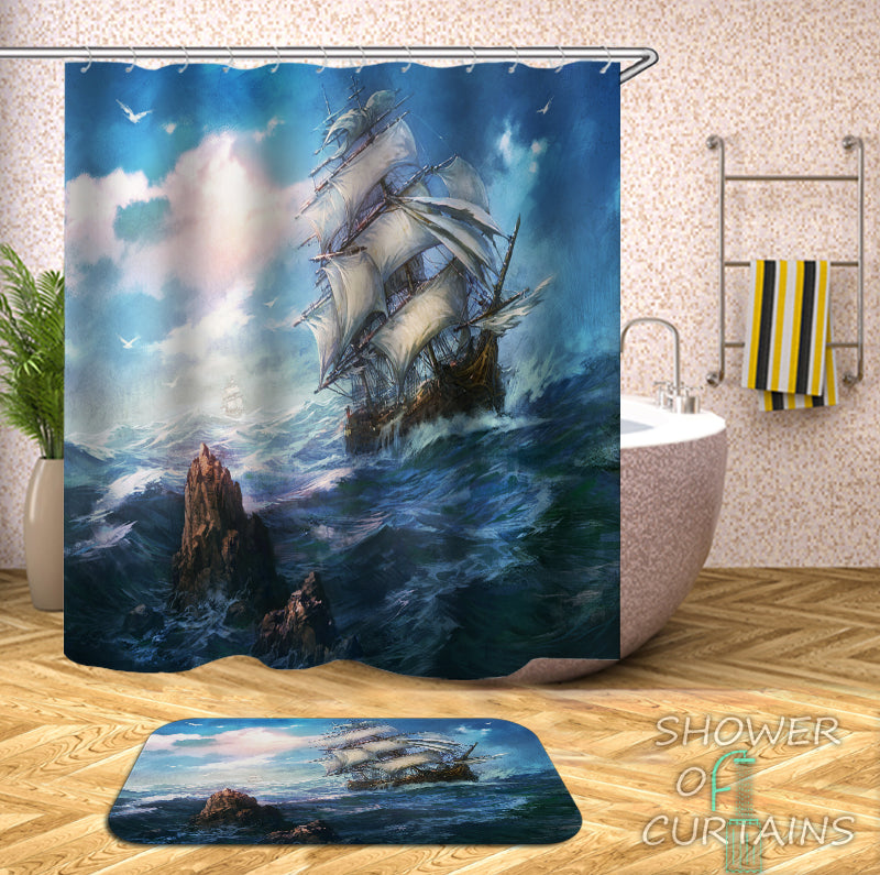 Shower Curtain of Stormy Ocean Sailing ship