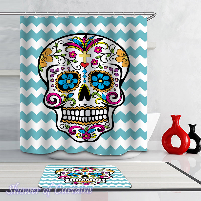 Shower Curtain of Sugar Skull Over Turquoise Waves