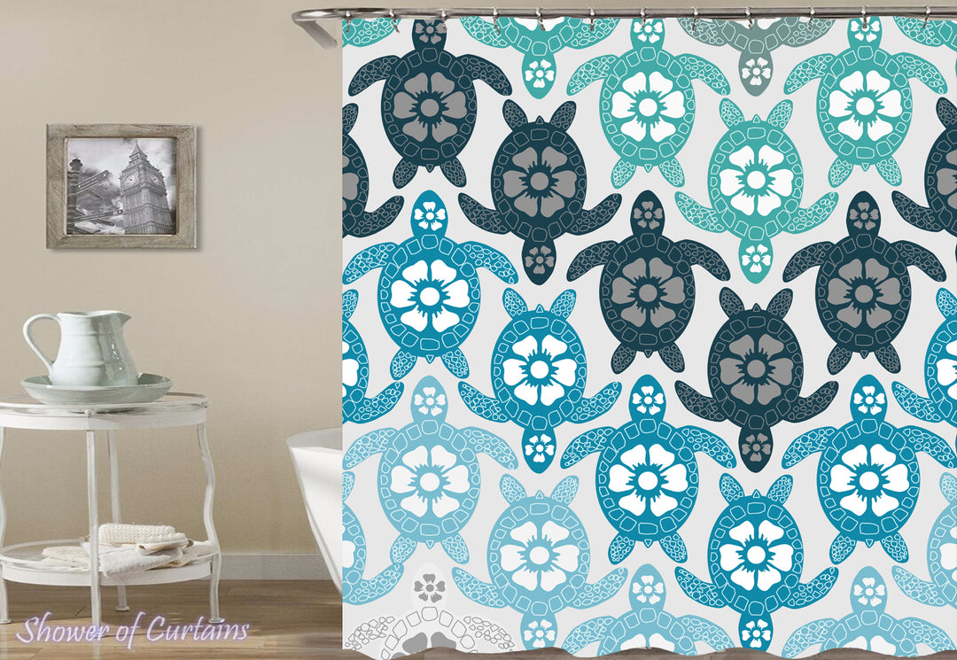 Shower Curtain of Turquoise Coloured Sea Turtles