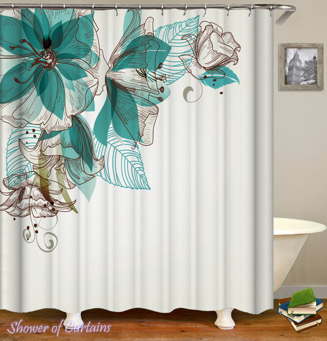 Shower curtain of Turquoise Flowers 