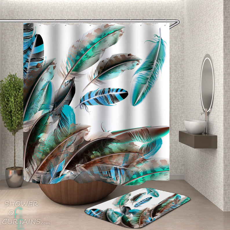 Shower Curtain with Turquoise Teal Feathers - Shower Curtains and Bath Mat Set