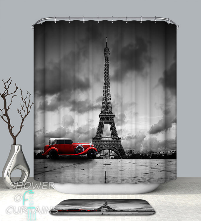 Shower Curtains Prints of Classic Car At The Eiffel Tower Shower Curtain