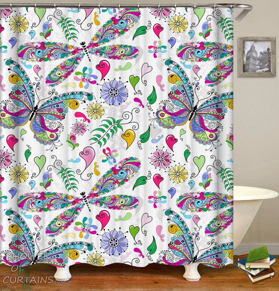Shower Curtains of Colorful Butterflies And Dragonflies