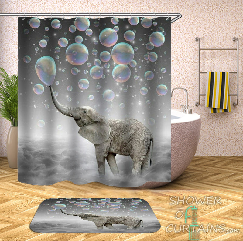 Shower Curtains of Elephant Playing Soap Bubbles