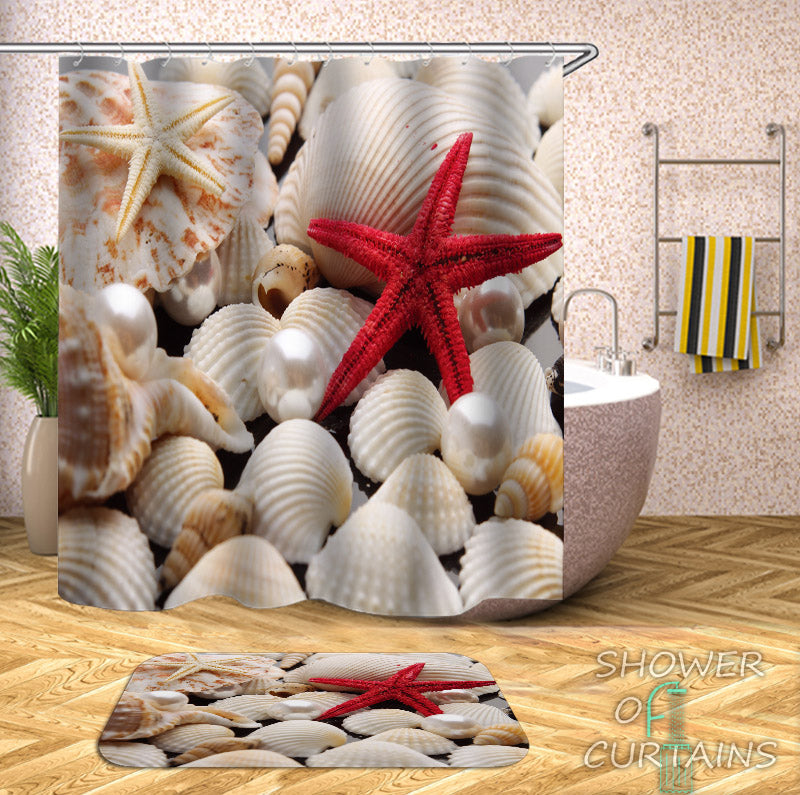 Shower Curtains of Red Starfish And Shells - Shelles Bathroom Decor