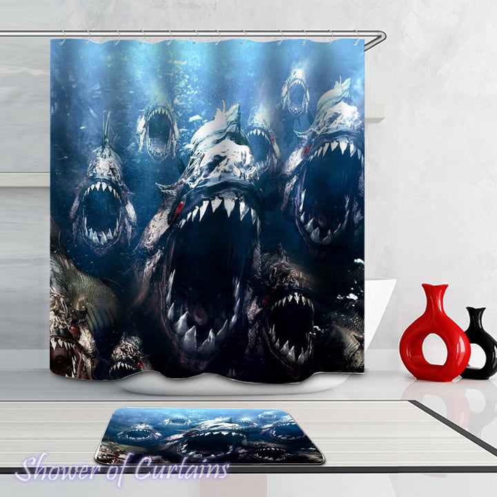 Shower curtain of Flesh Eating Piranhas