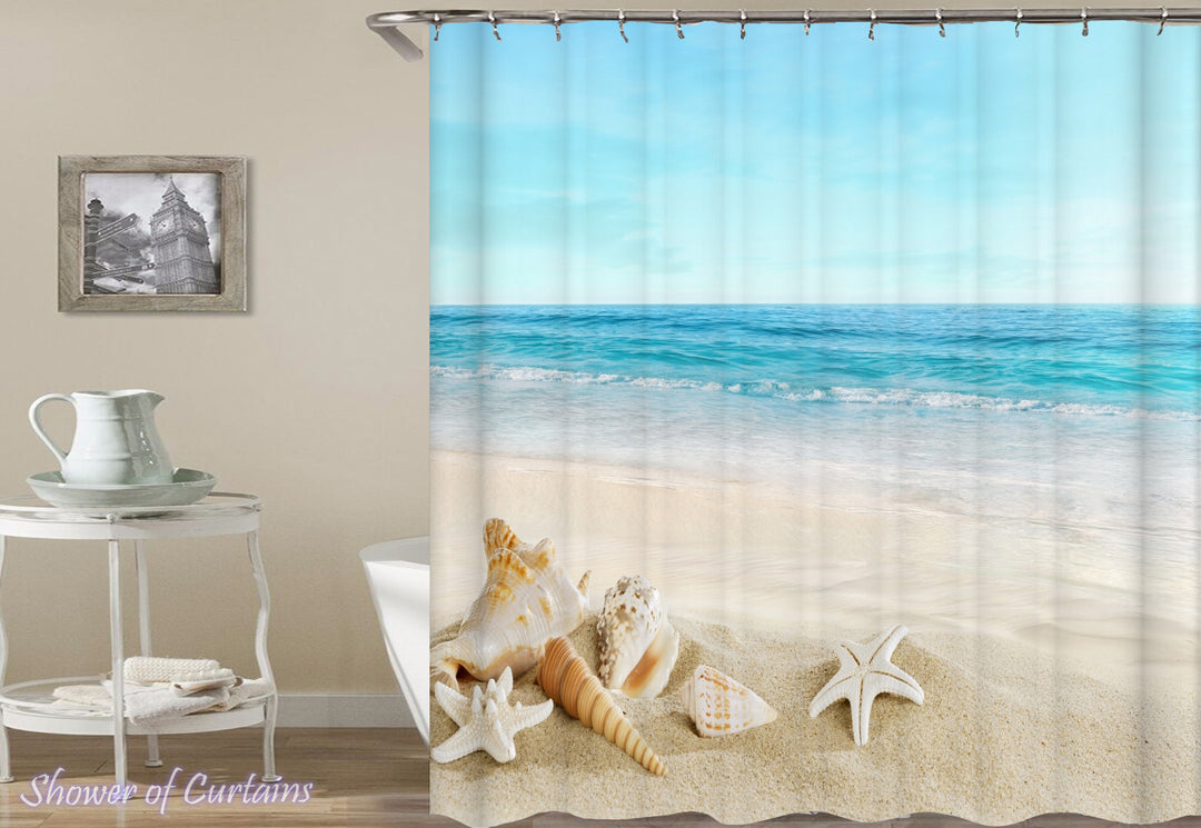Shower curtain of Seashells With A Beach View