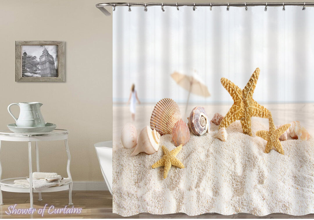 shower curtain of Starfish And Shells On The Beach Sand