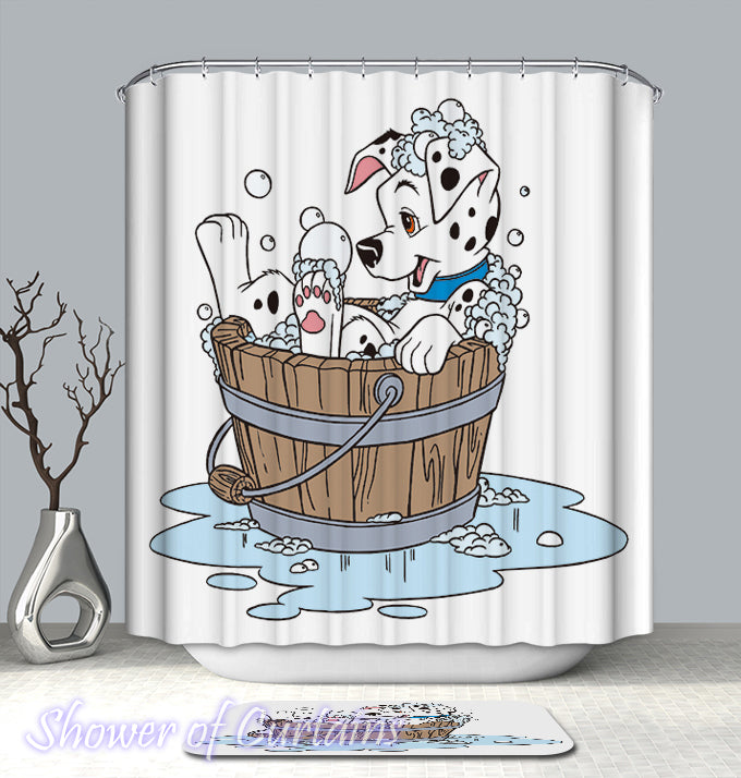 Shower Curtain of Cartoon Dalmatian Dog Taking A Bath