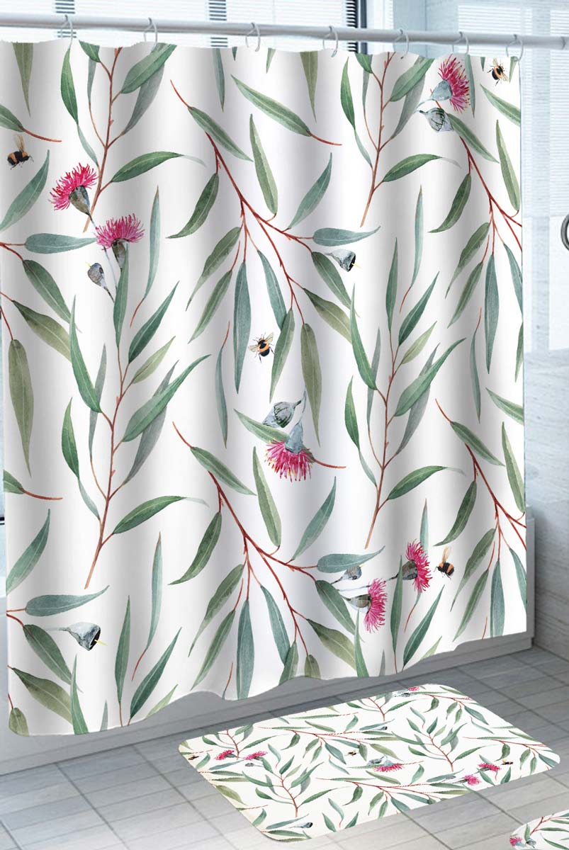 Simply Pinkish Flowers and Bees Shower Curtain