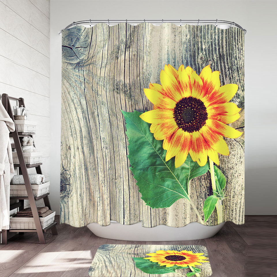 Single Sunflower over Wooden Deck Country Shower Curtains