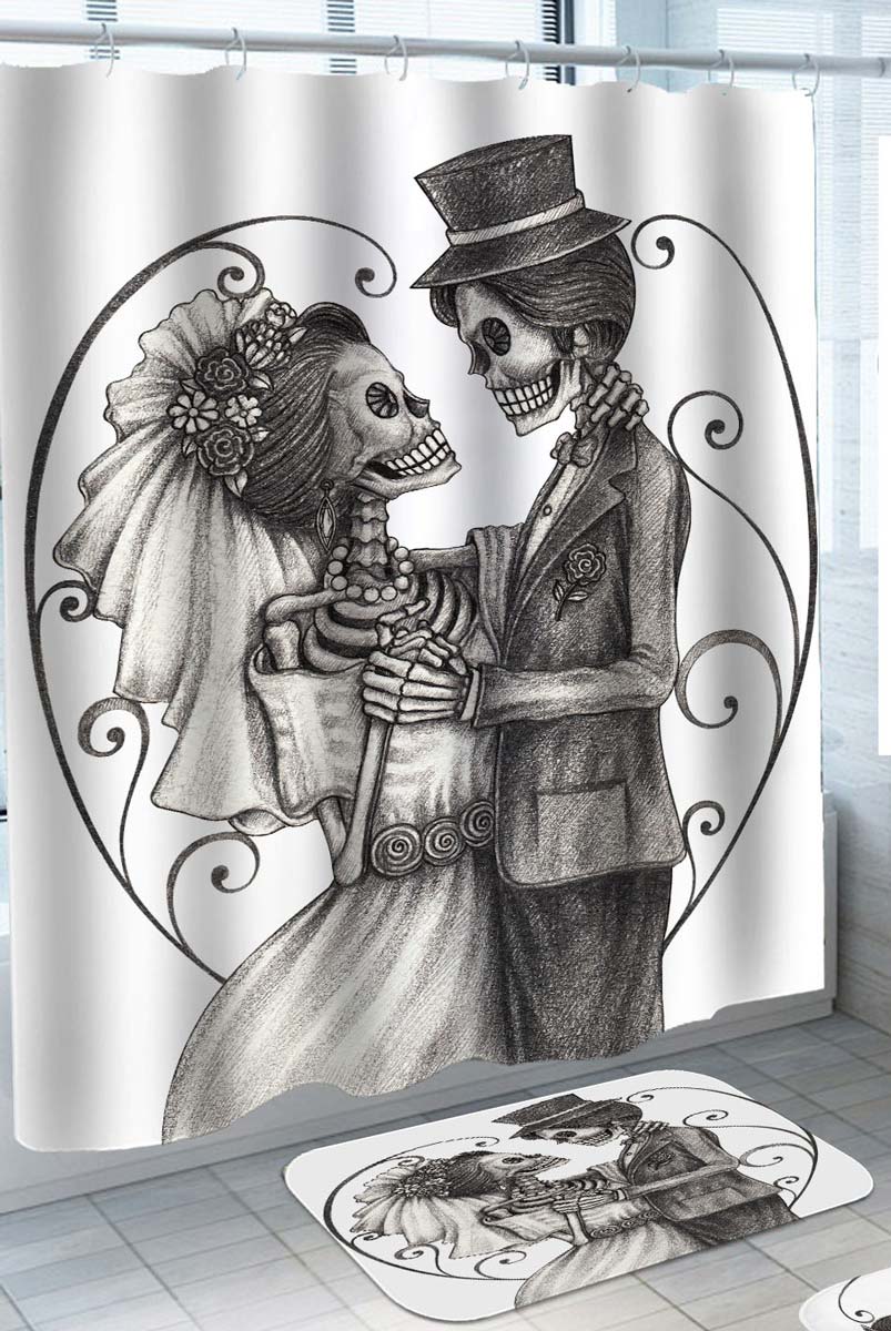 Skeleton Shower Curtain Black and White Drawing the Skeletons Wedding