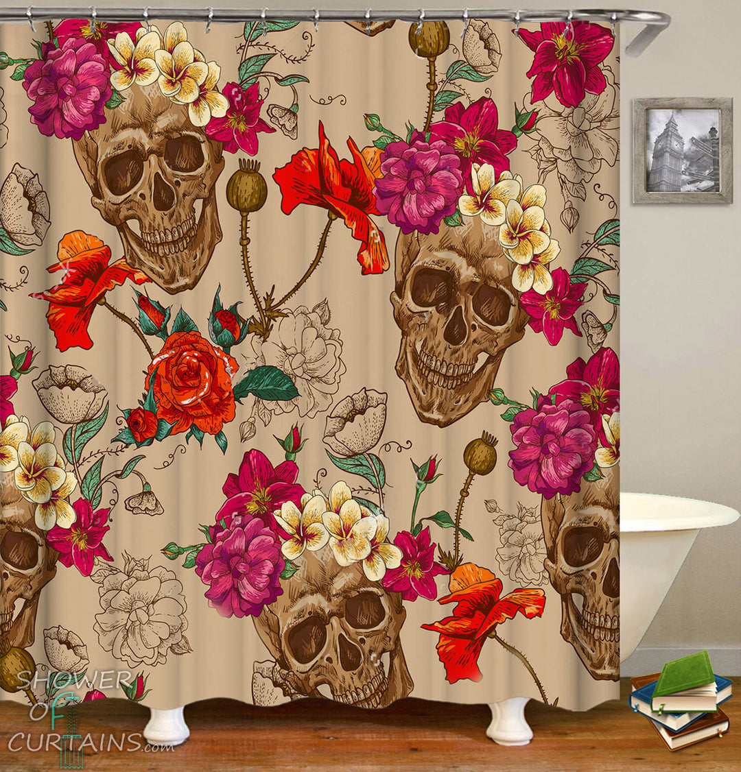 Skull Bathroom Decor of Fresh Flowers Fit Skulls Painting Shower Curtain