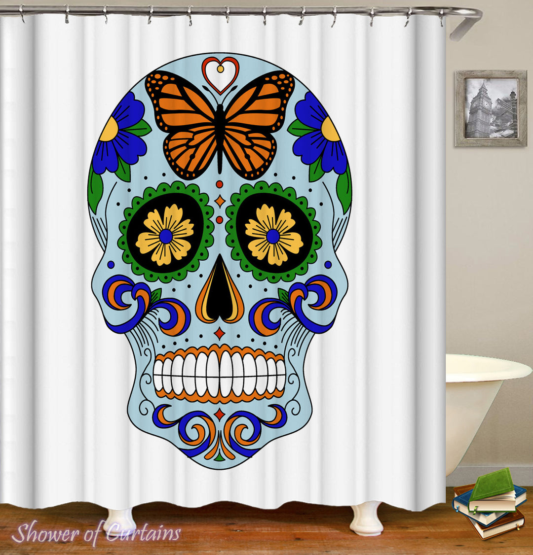 Skull Bathroom Decor of Fresh Light Blue Sugar Skull Shower Curtain