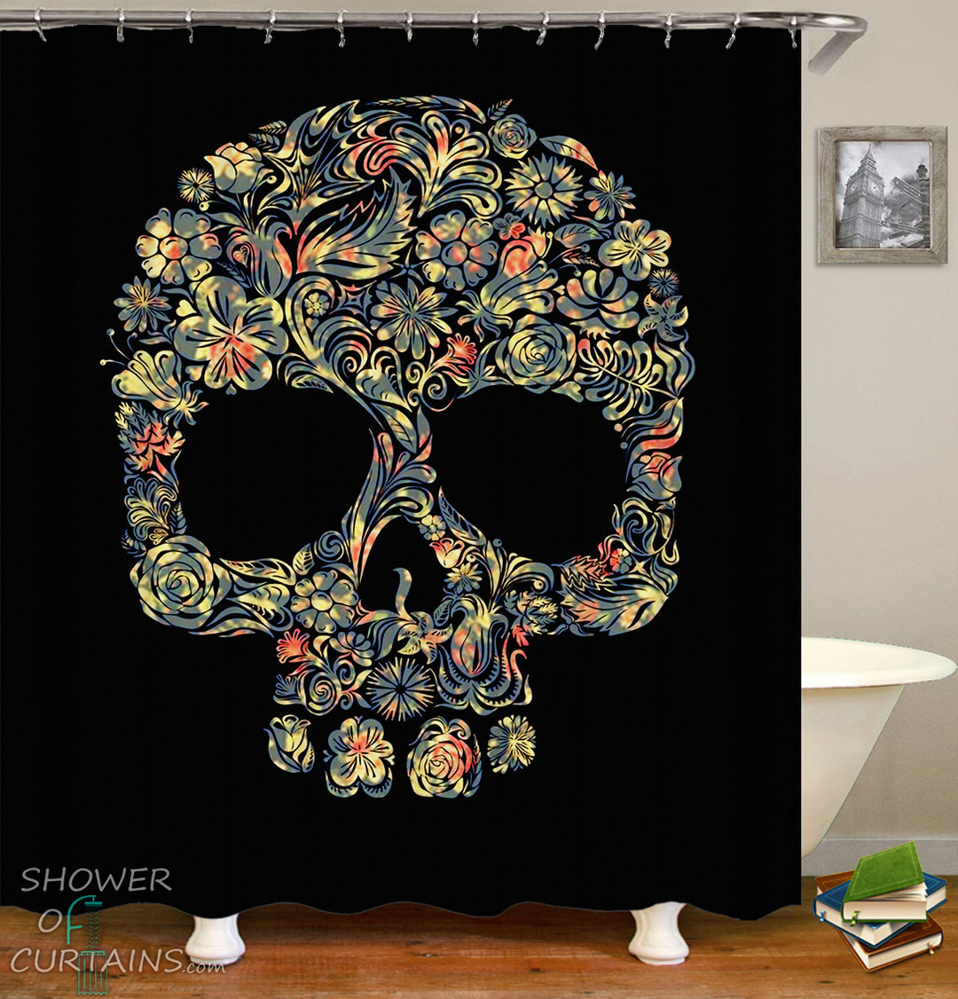 Skull Shower Curtain And Bath Mat - Floral Pattern Skull