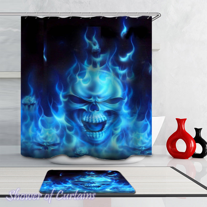 Skull Shower Curtain of Blue Flames Skull