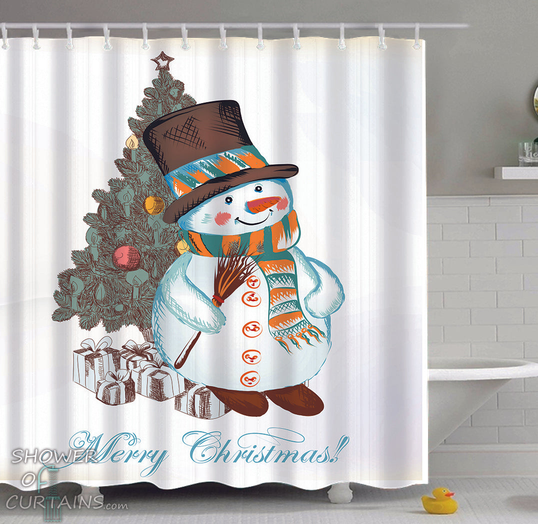 Snowman Shower Curtain - Merry Christmas Drawing