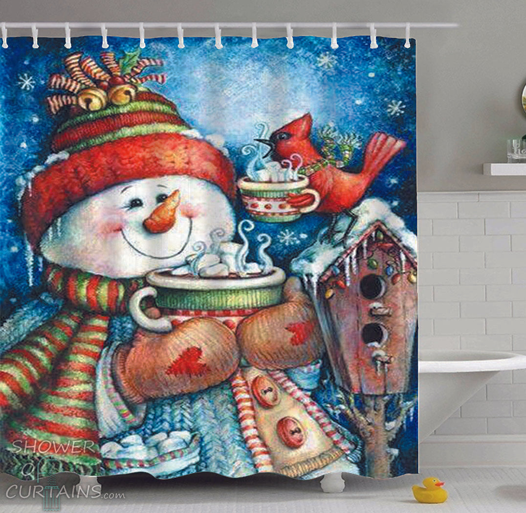 Snowman Shower Curtain of Vintage Snowman Painting