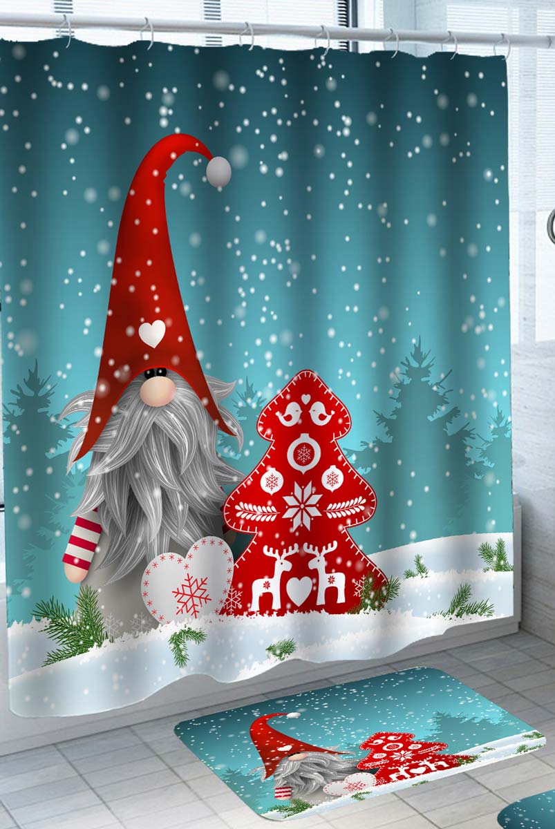 Snowy Christmas Night and Cute Gnome Dwarf Shower Curtain