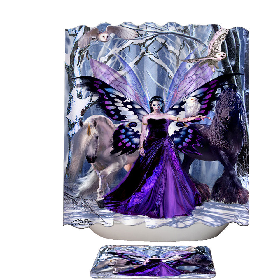 Snowy Forest Owls Horses and Purple Fairy Queen Shower Curtains