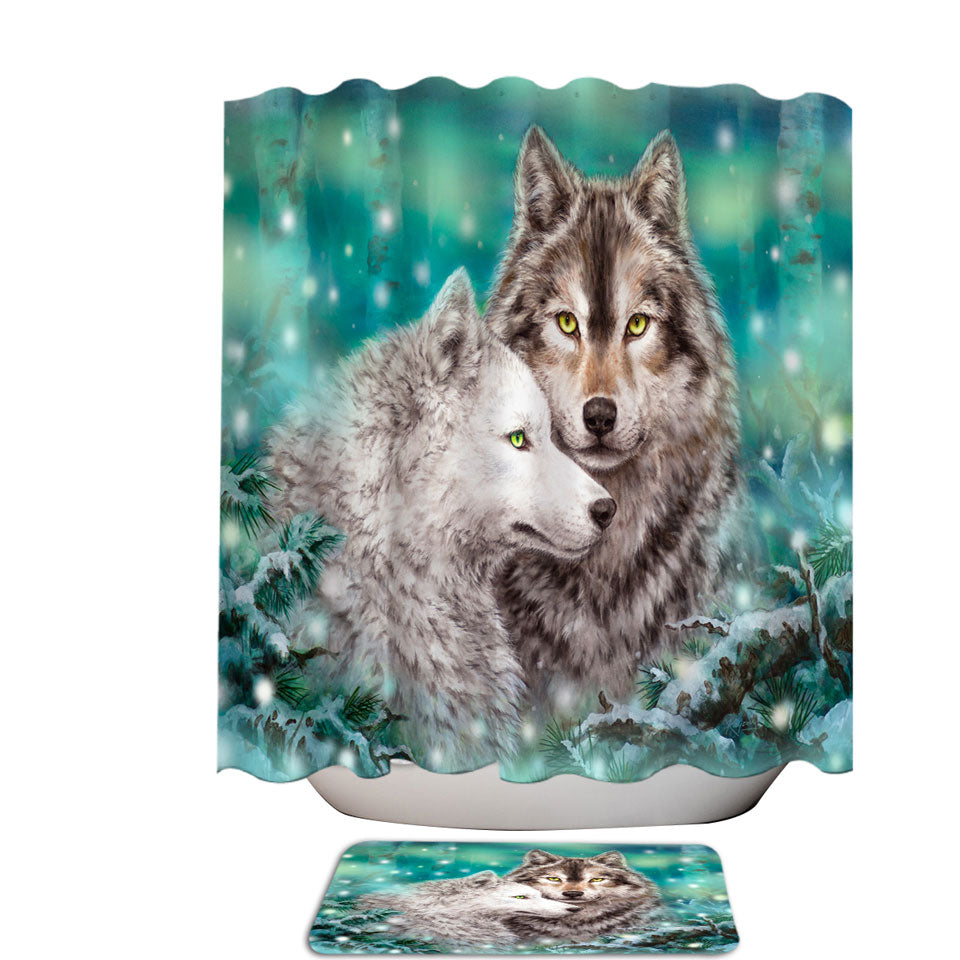 Snowy Forest Wolves Shower Curtains and Bathroom Rugs