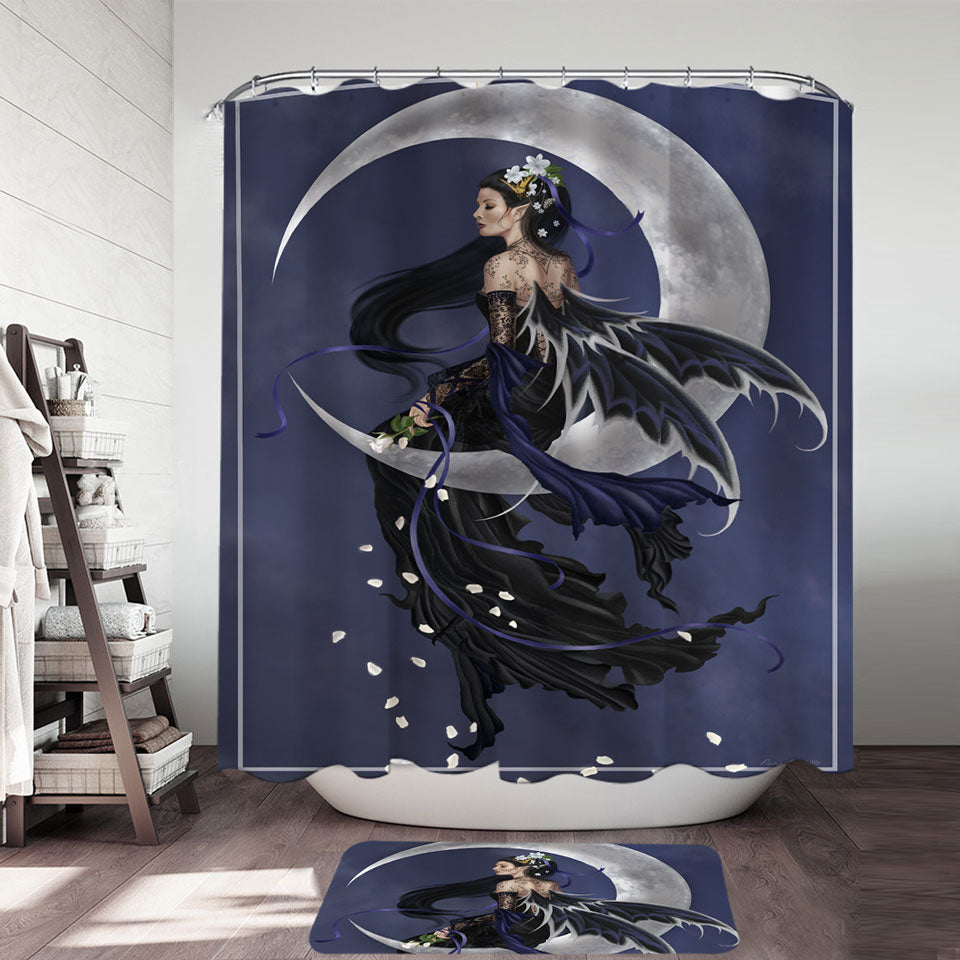 Solace on the Moon of the Dark Night Elf Fairy Fabric Shower Curtain