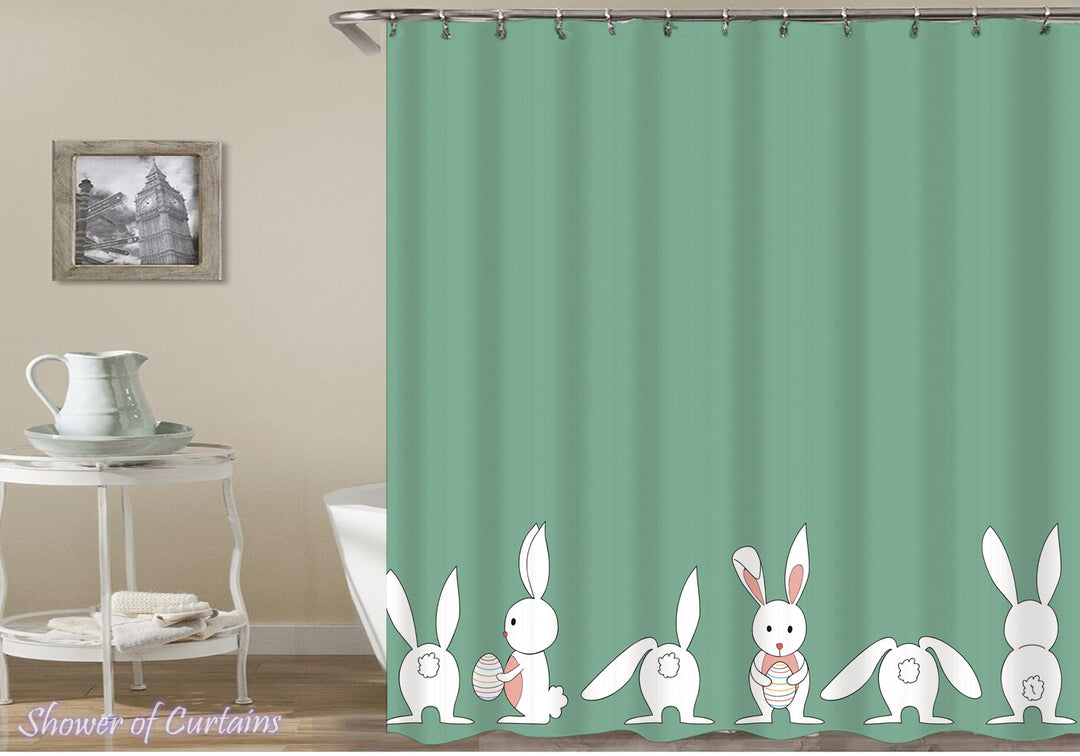 Shower curtain of Solid Green Behind Cute Little Bunnies