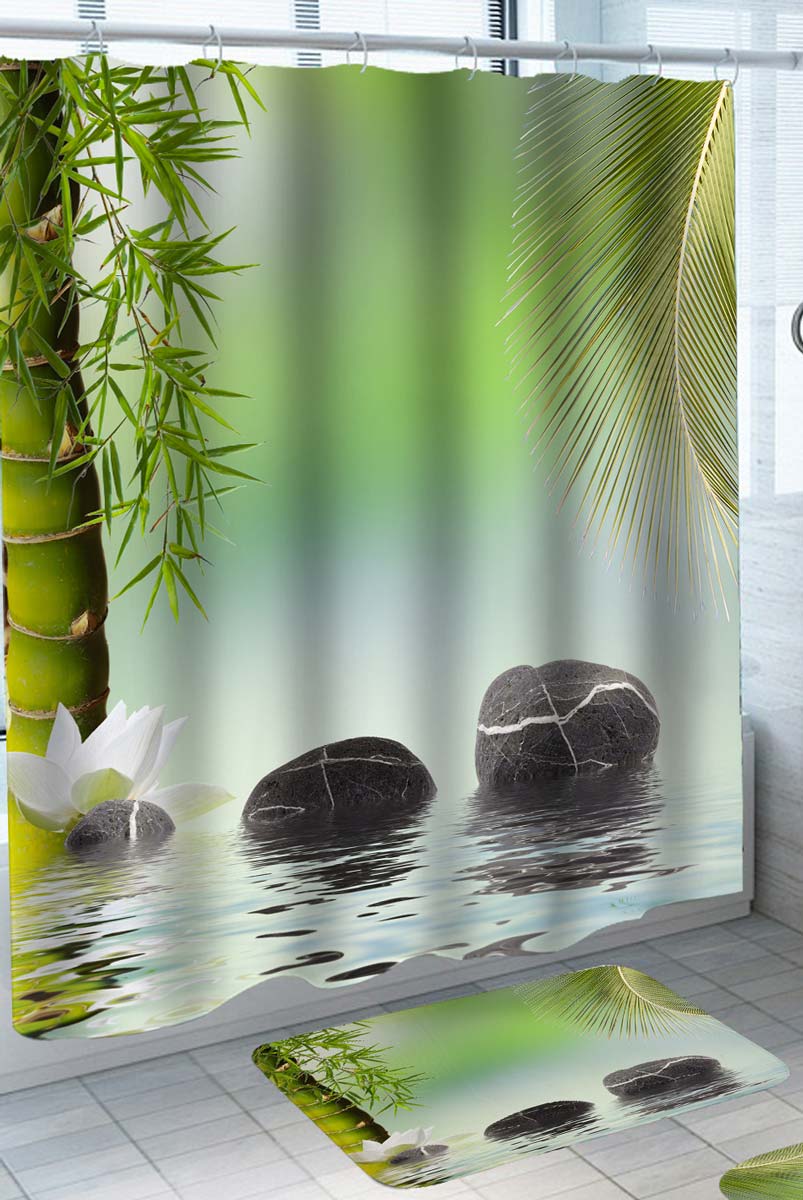 Spa Mood Shower Curtains with Bamboo Water Lily and Pebbles