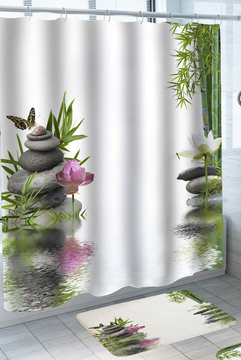 Spa Relaxing Shower Curtain Pond Pebbles Bamboo and Water Lilies