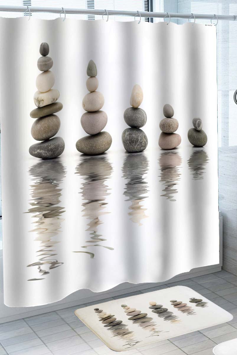 Spa Shower Curtain Design Calming Pebbles Cairns on Water