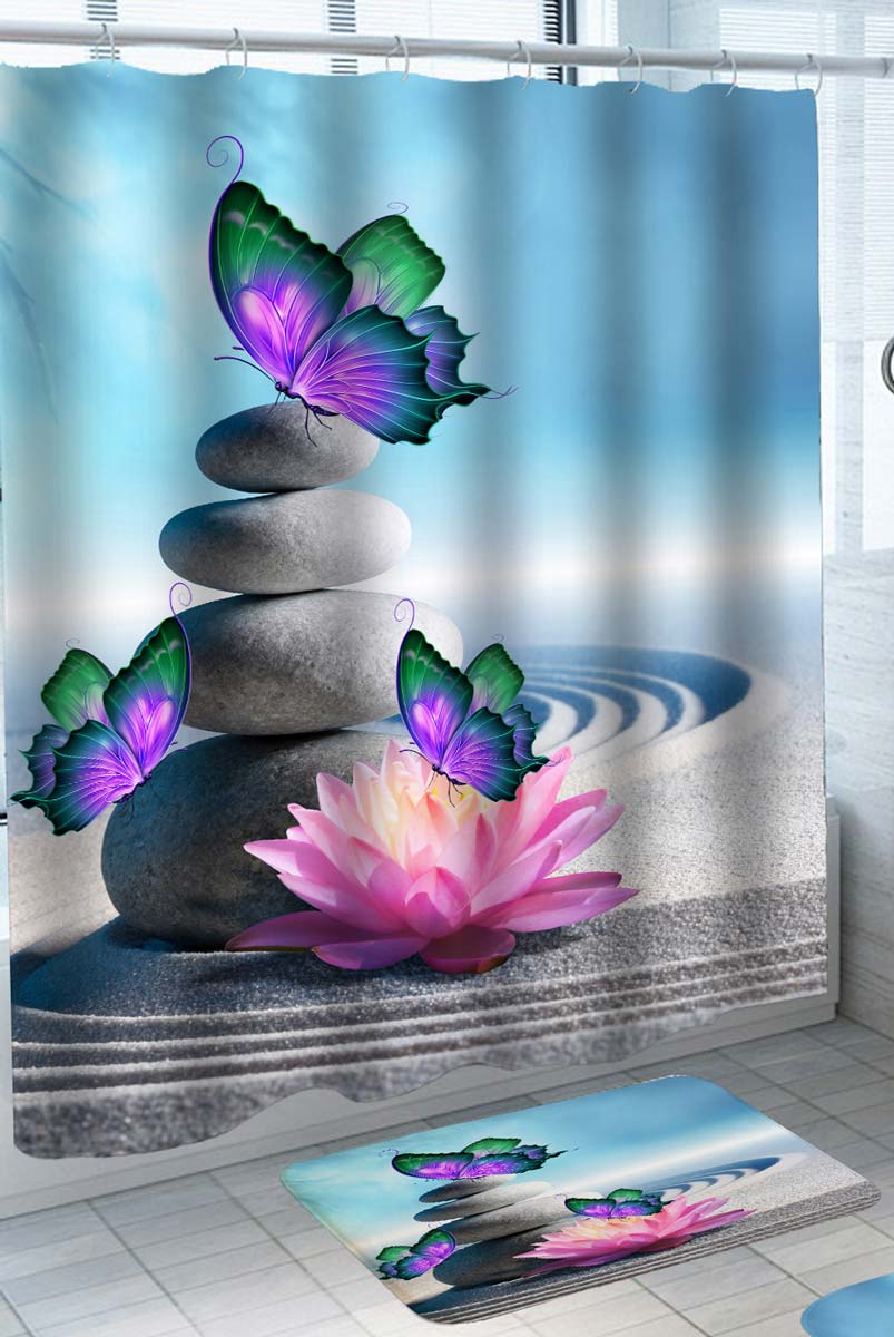 Spa Shower Curtain and Floor Mat Butterflies Water Lily and Balanced Pebbles Cairn