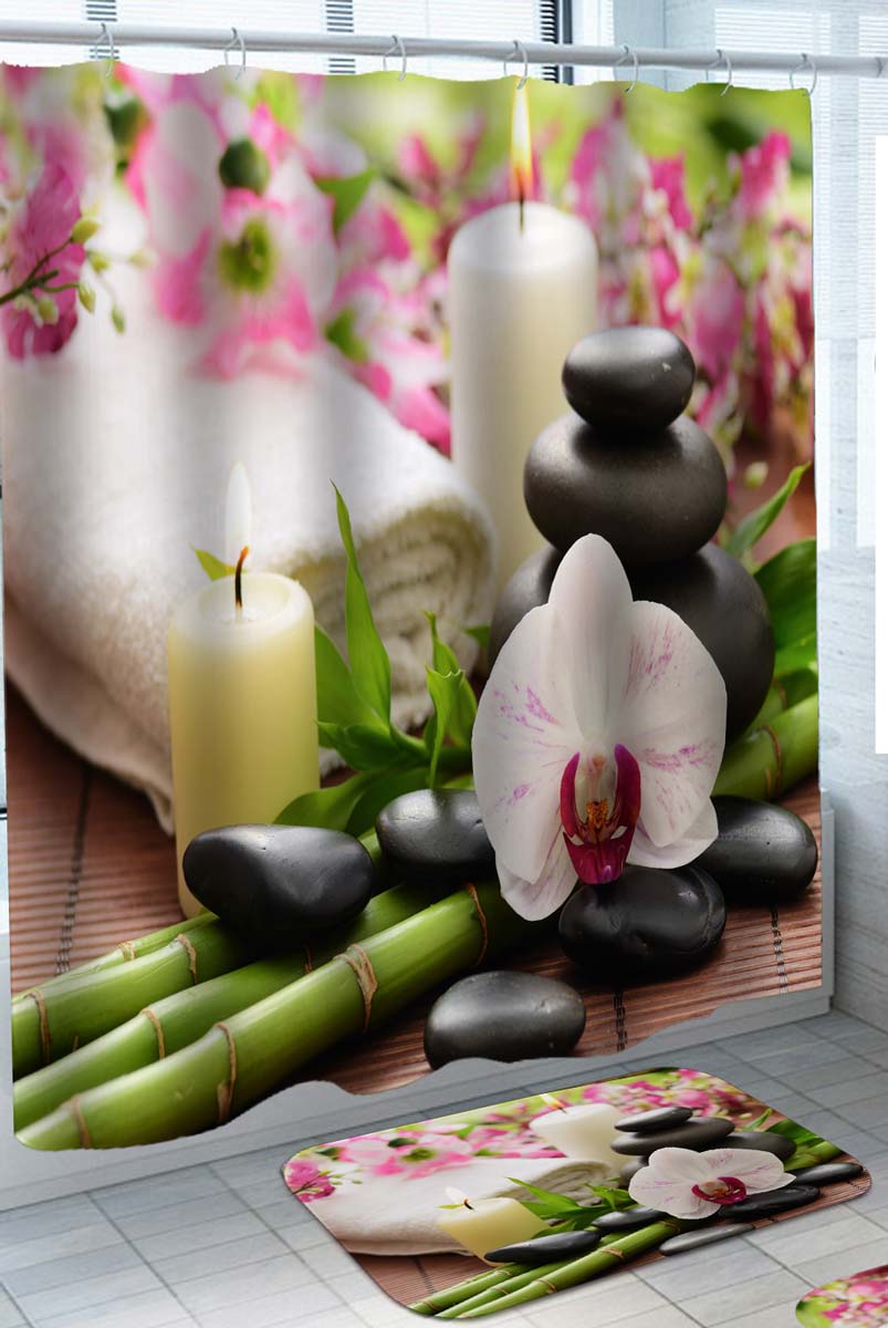 Spa Shower Curtain with atmosphere Towel Candles and Orchid