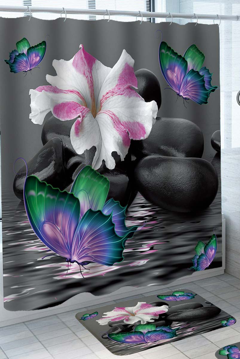 Spa Shower Curtains Hibiscus Flower Butterflies Pebbles