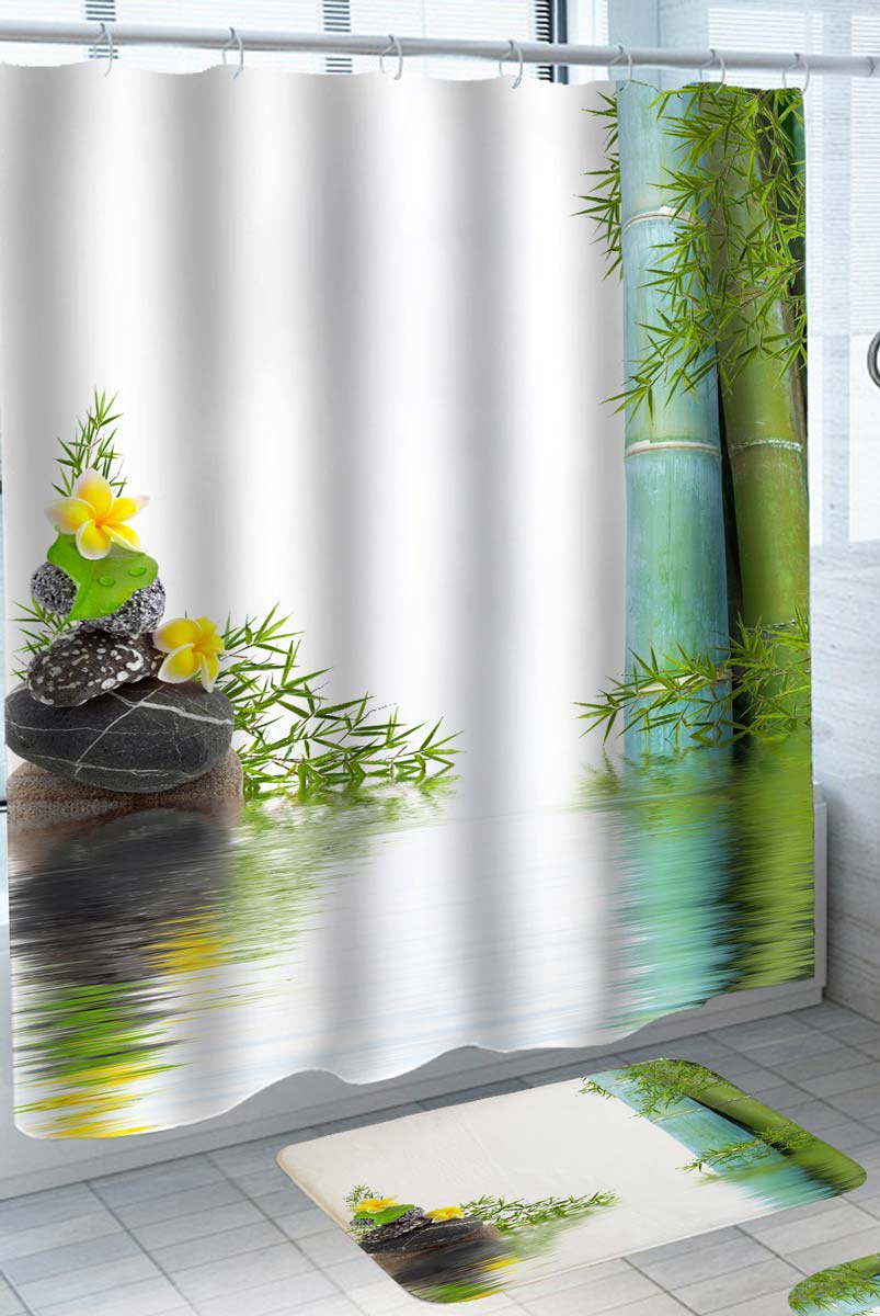 Spa Shower Curtains of Atmosphere Water Pebbles and Bamboo