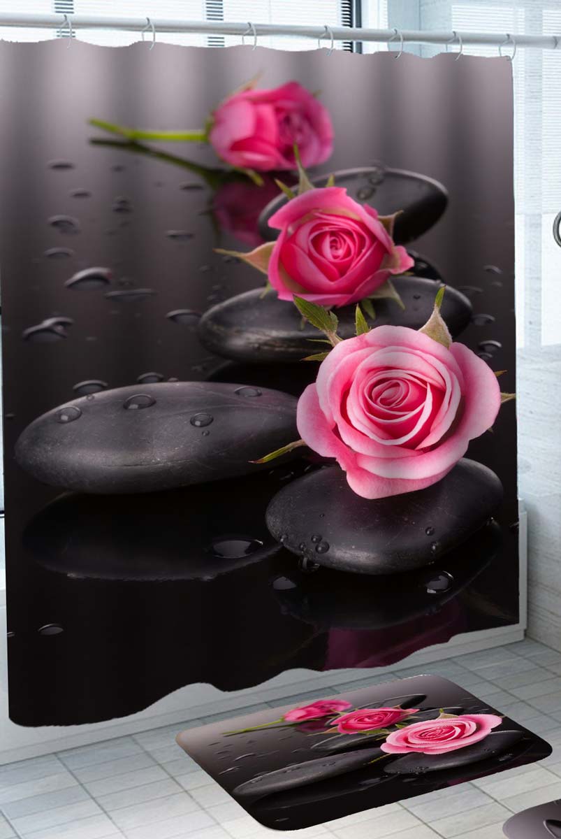 Spa Themed Shower Curtain Black Pebbles and Pink Roses Flowers
