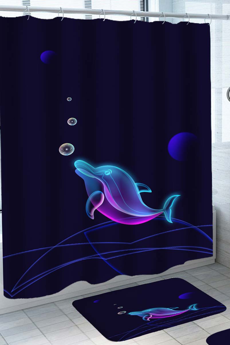 Space Shower Curtain Neon Dolphin