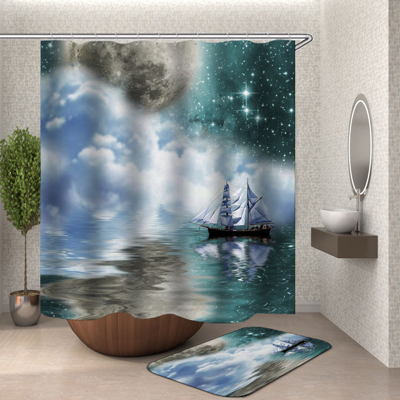 Space and Full Moon Ship Sailing Shower Curtain