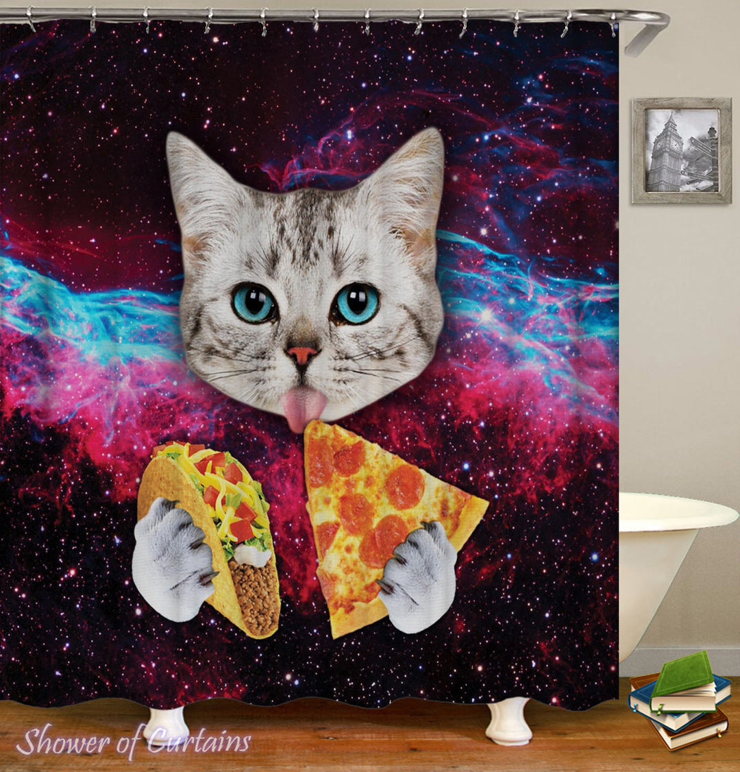 Space Cat Shower Curtain of Cat Licks Pizza And Taco